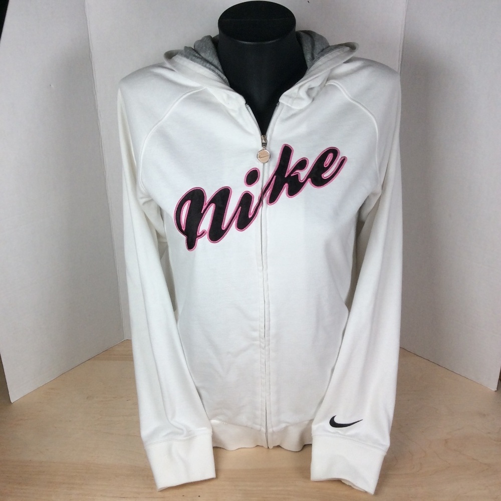 Nike Womens Full Zip Hoodie Size XL With Pockets White Black Pink